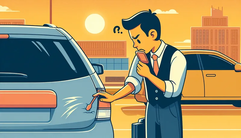 Person som upptäcker en skada på hyrbilen